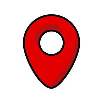 Red location pin in cartoon style. Fun hand-drawn design icon for maps, navigation, travel, or digital projects. illustration isolated on white background. vector