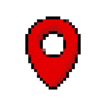 Red location pin in pixel style. Retro 8-bit design icon for maps, navigation, games, or digital projects. illustration isolated on white background. vector