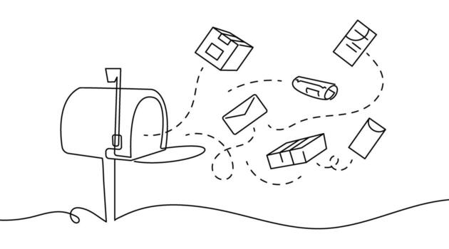 Mailbox with envelopes in a continuous one line drawing. Minimalist hand-drawn design representing mailing, messages, or correspondence. vector