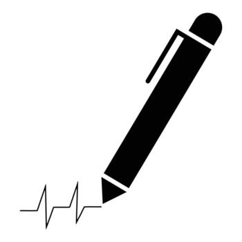 Pen icon with heartbeat line. Writing ink mark symbol line and glyph versions, signature pen outlines and filled signs. Pen, write highlighter icon isolated on white background. vector