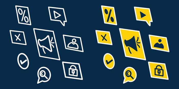 An illustration showing various business and media icons transforming from simple white outlines to bold yellow and blue graphics vector