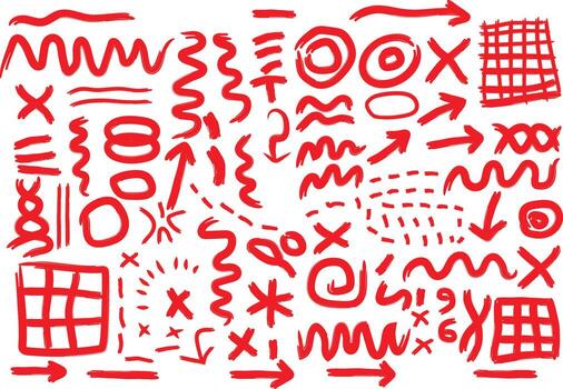 un grande conjunto de dibujado a mano rojo marcador garabatos presentando varios flechas formas símbolos y líneas Perfecto para énfasis y anotación en un limpiar blanco antecedentes vector
