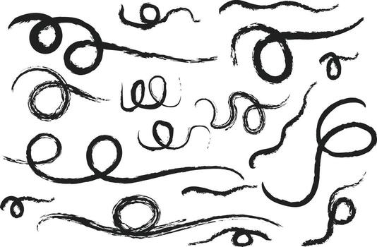 un colección de mano dibujado negro cepillo golpes presentando varios bucles remolinos y curvo líneas con un áspero grunge textura aislado en un blanco antecedentes vector