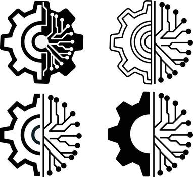 Four black icons merge mechanical gears with digital circuit patterns symbolizing modern technology and automation vector