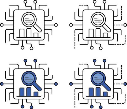 A set of four icons depicting data analysis with a magnifying glass over a bar chart on a microchip in both line art and blue color styles vector
