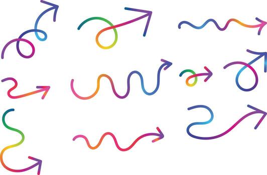 A vibrant set of curvy wavy and spiral arrows with beautiful rainbow gradients pointing in various directions vector