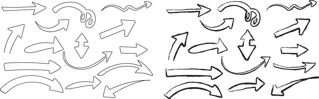 A collection of hand drawn arrows in clean outline and textured brush styles pointing in various directions vector