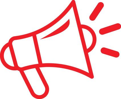A red line art icon of a megaphone or bullhorn broadcasting a message on a white background symbolizing announcement and communication vector