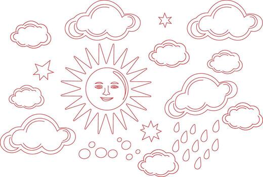 A whimsical red line art collection of a smiling sun fluffy clouds stars raindrops and bubbles on a white background vector
