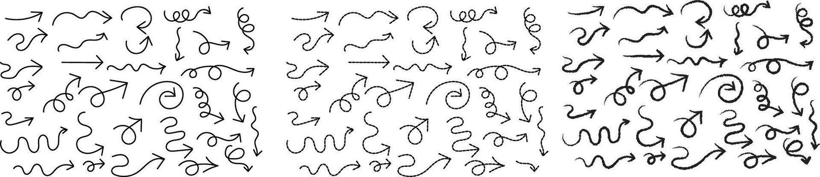 un grande conjunto de mano dibujado negro flechas en varios formas y texturas presentando sólido rayado y tiza estilos en un blanco antecedentes vector