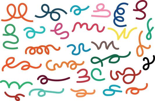 A playful collection of colorful abstract squiggles loops and wavy lines scattered across a white background vector