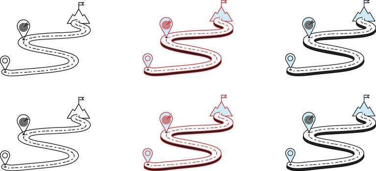 A set of illustrations showing a winding roadmap representing the journey to achieving a goal from a starting point to a mountain peak destination vector