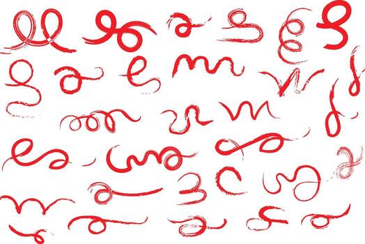 un colección de resumen rojo cepillo golpes presentando varios mano dibujado remolinos chinos y bucles con un texturizado grunge efecto vector