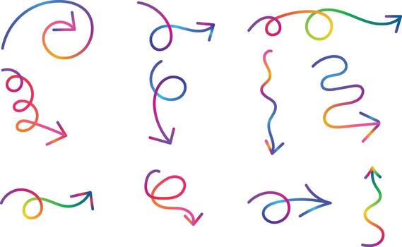 A diverse collection of whimsical hand drawn arrows with vibrant multicolored gradients showcasing various curved spiral and wavy paths vector