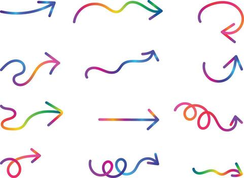 A vibrant set of twelve rainbow gradient arrows in various hand-drawn styles including straight wavy curved and looped shapes against a clean white background vector