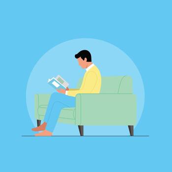Man Reading a Book on Sofa. vector