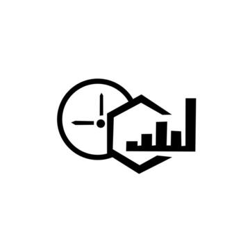 Monochrome icon combining a clock and a bar chart emerging from a hexagonal shape, symbolizing time management, scheduling, business growth, performance, or financial efficiency. vector