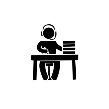 Black pictogram of a person wearing a headset, sitting at a desk with a stack of files, writing or working. Represents a call center agent, customer support, data entry, or office worker. vector