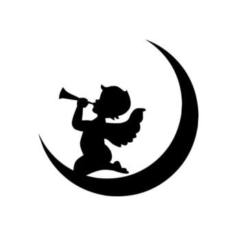 Black silhouette of a winged cherub kneeling on a crescent moon and blowing a trumpet. A celestial, mythological, or festive icon, perfect for holiday designs. vector
