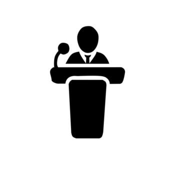 Black icon of a person speaking at a podium with a microphone, symbolizing public speaking, conference, presentation, lecture, leadership, or political address. vector