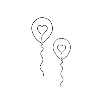 Continuous line art drawing of two balloons, each containing a heart shape. Minimalist illustration symbolizing love, celebration, romance, and floating joy or affection. vector