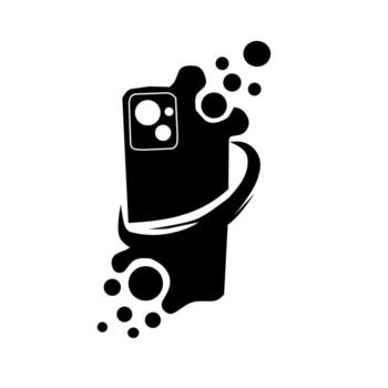 Black silhouette of a modern smartphone with cameras, surrounded by a dynamic splash and bubbles. Symbolizes mobile tech, communication, creativity, and digital content. vector