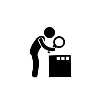 Black pictogram of a person leaning over an object, box, or file cabinet and examining it closely with a magnifying glass. Represents inspection, investigation, quality control, or search. vector