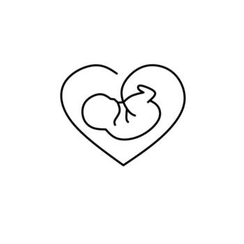 Continuous line drawing of a developing fetus or embryo nested within a heart shape. Symbolizes pregnancy, maternity, birth, and new life love. vector