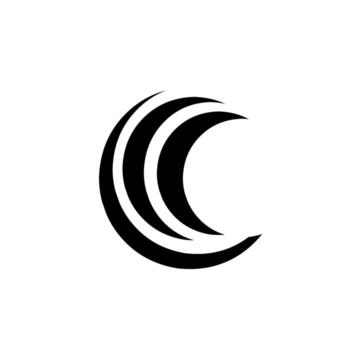 Dynamic black and white logo with three layered crescent shapes, evoking motion, flow, and a stylized letter 'C' or abstract moon. vector