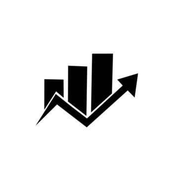 Black icon showing ascending bar graph columns with an upward arrow. Symbolizes business growth, financial success, market trends, and data analysis. vector