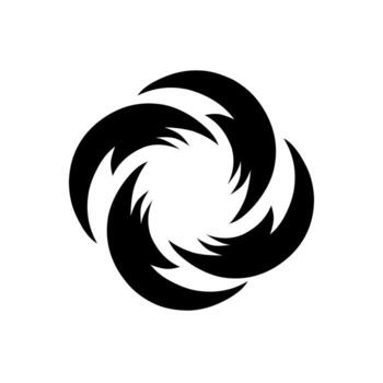 Abstract black symbol featuring four stylized, claw-like or flame-like shapes rotating in a circular, spiral pattern. Represents dynamic movement, energy, power, wind, speed, or rotation. vector