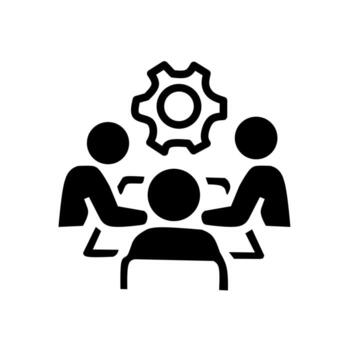 Black icon showing three people at a table beneath a gear, symbolizing teamwork, meeting, business strategy, collaboration, and operational problem-solving. vector