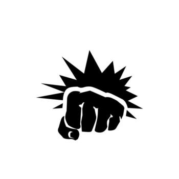 A dramatic black and white silhouette icon of a clenched fist punching forward, surrounded by an aggressive starburst or explosion shape, symbolizing impact, power, force, and conflict. vector