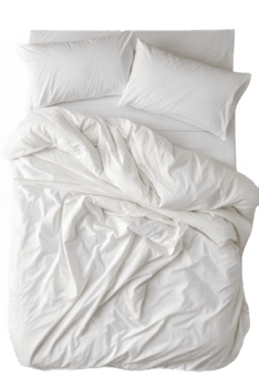 Aerial perspective of rumpled white bed linen, perfect for concepts of rest, sleep, or lazy mornings, isolated on transparent background png