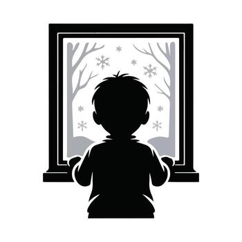 Child watching snowfall through a window in a quiet snowy forest illustration vector