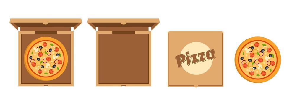 Open empty and closed carton package for pizza. Pizza cardboard box top view. vector