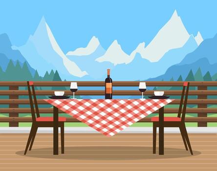 Dining table with wine and mountain view vector