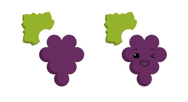 These playful line icons feature grapes in a fun and vibrant style. The design includes purple grape clusters complemented by green leaves, perfect for fruity illustrations. vector