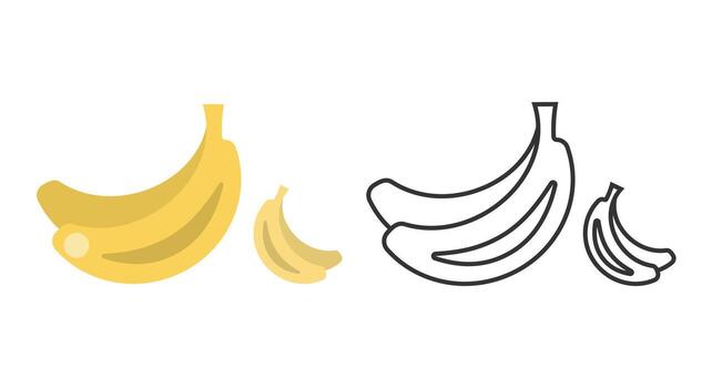 Three banana line icons showcase the fruit playful design. A vibrant yellow banana is accompanied by two outline versions, highlighting its shape, versatility, and charm. vector