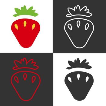 Four line icons of strawberries are displayed in a grid, featuring red, white, and black variations. Each icon highlights the distinct shape and features of a strawberry. vector