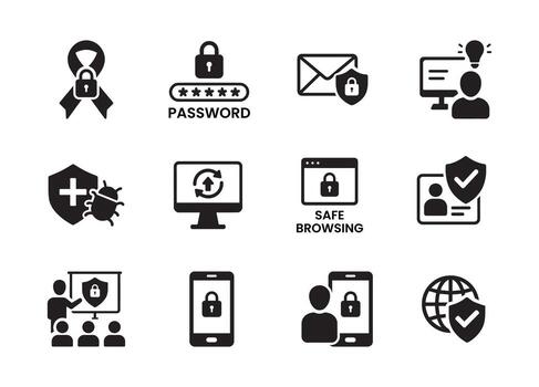 Collection of cybersecurity and data protection icons in a distinctive silhouette style vector
