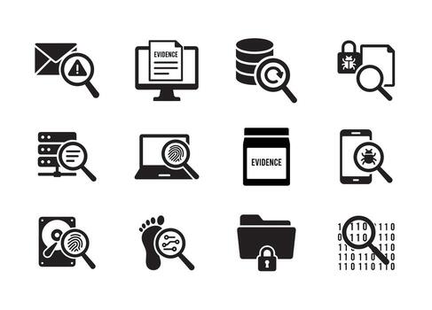 Collection of cybersecurity icons data security and digital forensics investigation silhouette vector