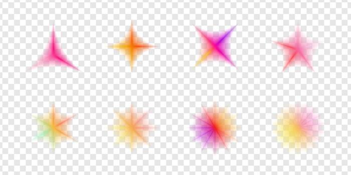 Blurry gradient flowers and sparkly star icons in pastel Y2K palette. Soft abstract pattern with geometric details and halftone texture. Perfect for trendy aesthetic illustrations. vector