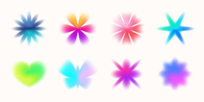 degradado floral y mariposa formas con soñador y2k aura y trama de semitonos brillar. suave difuminar, grano, y neón resplandor crear un nostálgico futurista estado animico para decorativo moderno diseño. vector