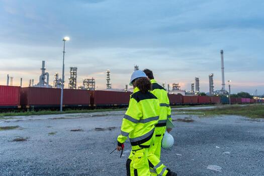 Industrial Logistics Team Reviewing Freight Train Cargo, Rail Yard Engineers Supervising Container Terminal Operations, Workers Using Tablet Technology at Modern Intermodal Hub photo
