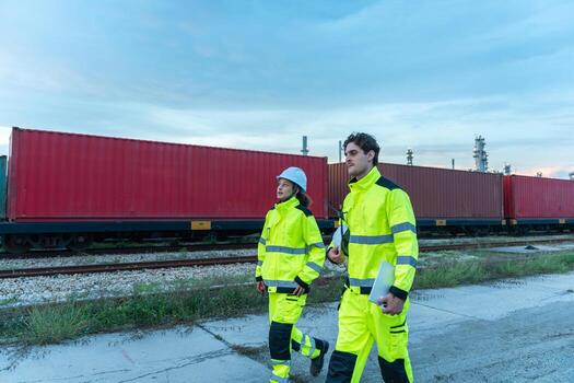 Logistics Engineers Inspecting Rail Freight Containers at Dusk, Safety Managers Walking through Industrial Train Yard Terminal, Neon-Clad Workers Discussing Shipping Route at Intermodal Hub photo