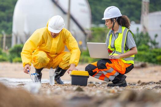 Environmental Scientists Testing Water Samples at Industrial Coastline, Field Engineers Collecting and Analyzing Data for Water Pollution, Team of Professionals Working on Beach near Storage Tanks photo