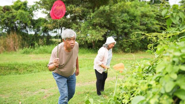 mayor Pareja disfrutando al aire libre actividad y insecto coleccionar, contento abuelos explorador naturaleza y atrapando loco con neto, asiático ancianos aprendizaje acerca de fauna silvestre y ecosistema en bosque foto