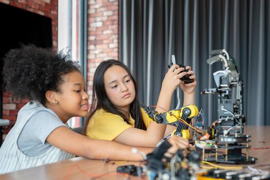 Diverse Young Girls Collaborating on a Robotics Engineering Project, Students Focusing on Building and Programming a Robotic Arm in STEM Class, Children Learning Hands-on Technology and Innovation photo