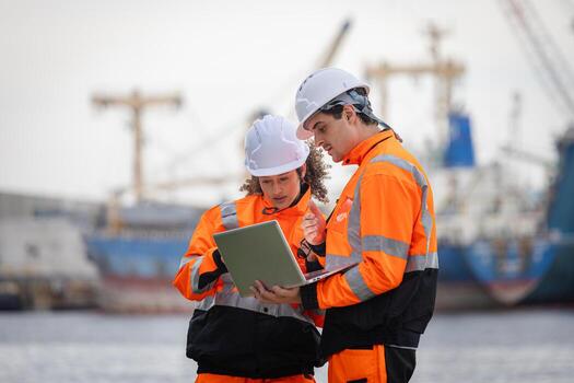 Port Engineers Teamwork and Technology at Shipping Terminal, Safety Uniformed Workers Using Laptop for Modern Logistics, Maritime Experts Planning Operations with Walkie Talkie on Dock photo